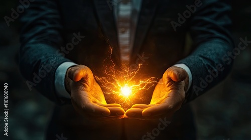 A businessman is holding an electrical light bolt. photo