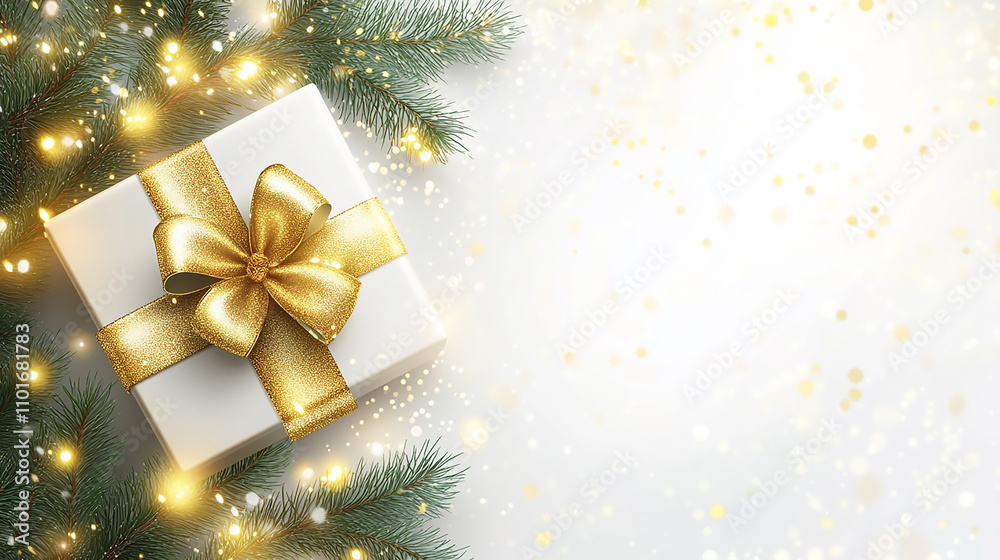 Christmas background with a gift box and golden ribbon, on a white background with pine branches and glowing lights. This design could be used for a Christmas card or greeting banner for the holiday s