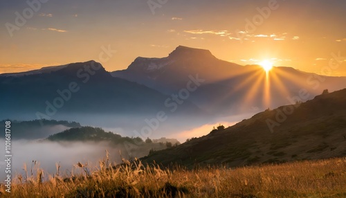 Golden Sunrise Illuminating Majestic Mountain Peaks with Soft Hues of Pink and Orange, Surrounded by Serene Forests and Crisp Morning Mist, Offering a Stunning Natural Landscape for
