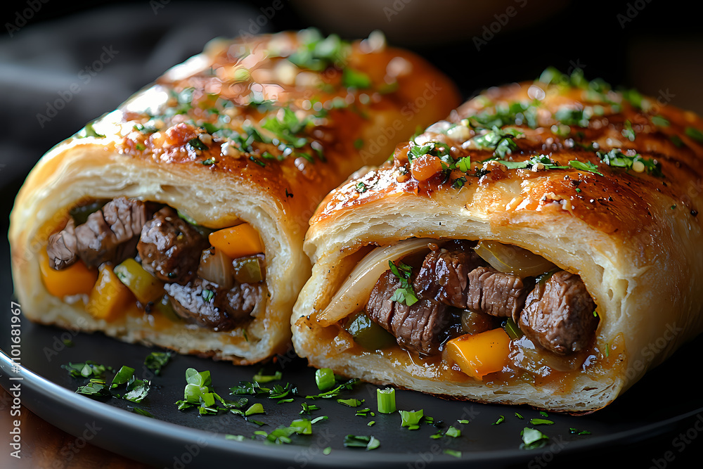 Flaky golden crescent rolls stuffed with tender, seasoned steak, sautéed onions, and provolone cheese. A close-up of the buttery layers of the roll and the cheese-filled interior of the steak. Flaky golden crescent rolls stuffed with tender, seasoned steak, sautéed onions, and provolone cheese. A close-up of the buttery layers of the roll and the cheese-filled interior of the steak.