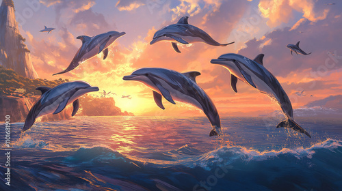 A group of dolphins in a sun rise scenary. photo