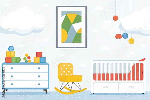 Pastel nursery with a dark crib, colorful hanging toys, a framed poster, and pink dressers creating a soft and playful atmosphere