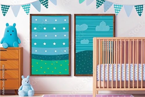 Bright nursery with a white crib, colorful hanging toys, a cheerful framed poster, and playful decorations creating a vibrant and fun atmosphere