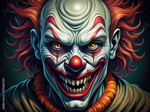 Eerie Evil Clown Stares Menacingly in Dark Shadows - Haunting Creep Clown Illustration Capturing Fear and Uncertainty, Perfect for Halloween or Horror-Themed Projects