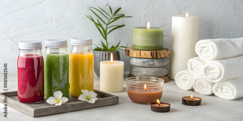 Minimalist Detox Drinks with Fresh Fruits on Plain Background for Spa and Wellness Branding