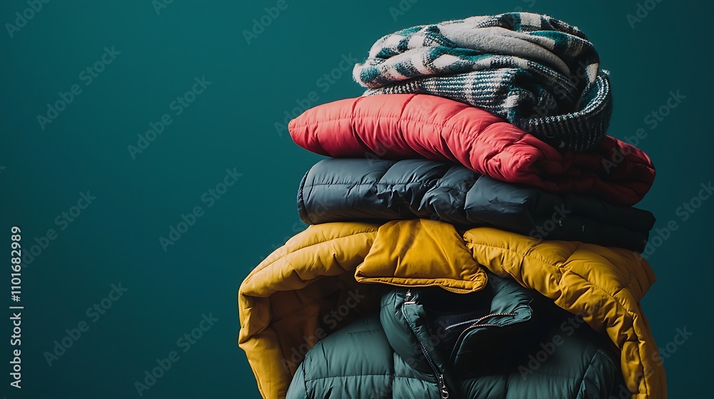 Stack of Colorful Winter Jackets and Blanket on Teal Background