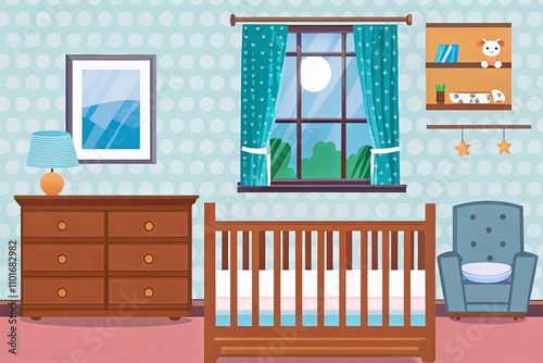 Minimalist and modern illustration of a nursery setup. It features essential elements like a wooden crib, a changing table with drawers, shelves adorned with decorative items, and a framed poster