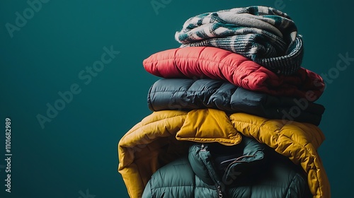 Obraz na płótnie Stack of Colorful Winter Jackets and Blanket on Teal Background w salonie