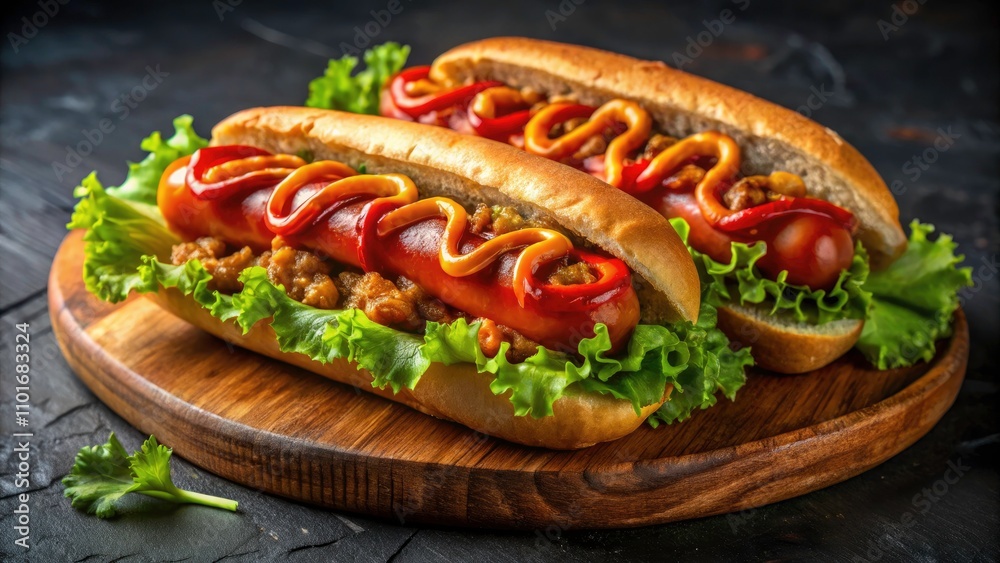 Close-Up of a Delicious Double Hot Dog with Ketchup, Lettuce, and Onion Rings on a Wooden Cutting Board Against a Black Background - Fast Food Photography Close-Up of a Delicious Double Hot Dog with Ketchup, Lettuce, and Onion Rings on a Wooden Cutting Board Against a Black Background - Fast Food Photography