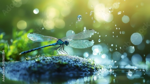 Dragonfly resting on a wet surface with water droplets photo