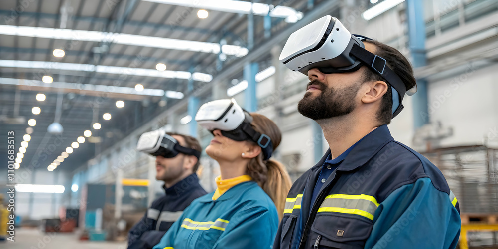 Workers Using VR Headsets in Manufacturing Plant for Industrial Innovation Training Workers Using VR Headsets in Manufacturing Plant for Industrial Innovation Training