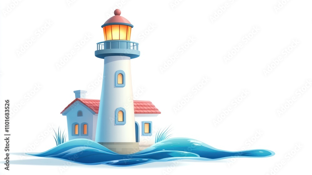 Coastal Lighthouse with Attached House and Surrounding Waves Coastal Lighthouse with Attached House and Surrounding Waves