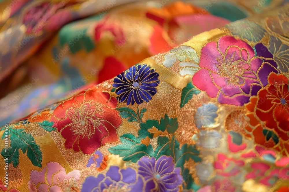 Fototapeta premium Vibrant floral fabric, gold embroidery, rich colors.