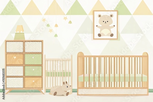 Minimalist nursery with a gray crib, a dresser, and playful decor elements including geometric wall art and a children's illustration
