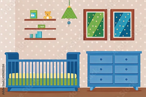 Minimalist nursery with a gray crib, a dresser, and playful decor elements including geometric wall art and a children's illustration