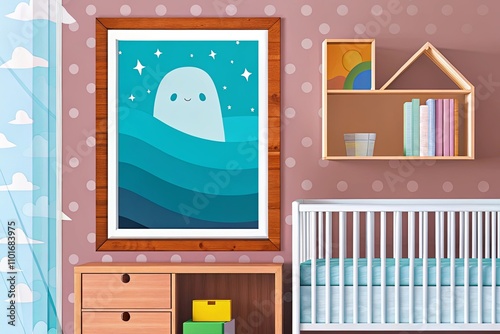 Cozy nursery featuring a crib, changing table, shelves with colorful decor, and a bright framed artwork of mountains