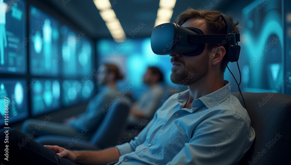 Fototapeta premium A futuristic photograph of a Caucasian man using the metaverse, wearing a virtual reality headset. The man is seated comfortably