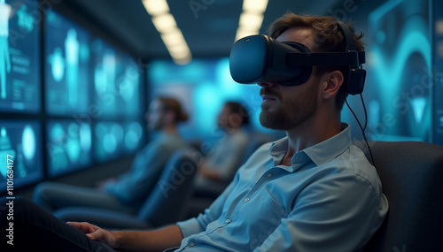 A futuristic photograph of a Caucasian man using the metaverse, wearing a virtual reality headset. The man is seated comfortably