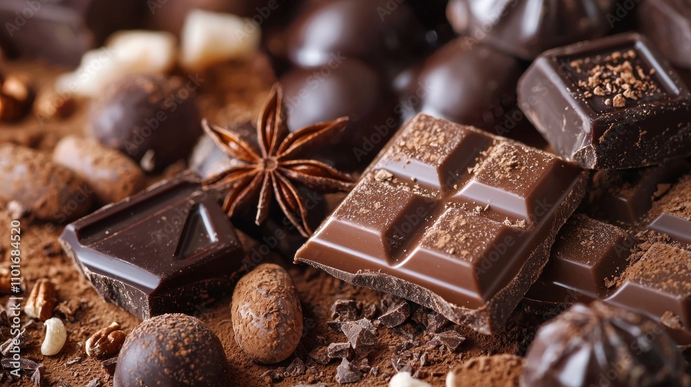 Close-up of assorted chocolate pieces with spices Close-up of assorted chocolate pieces with spices