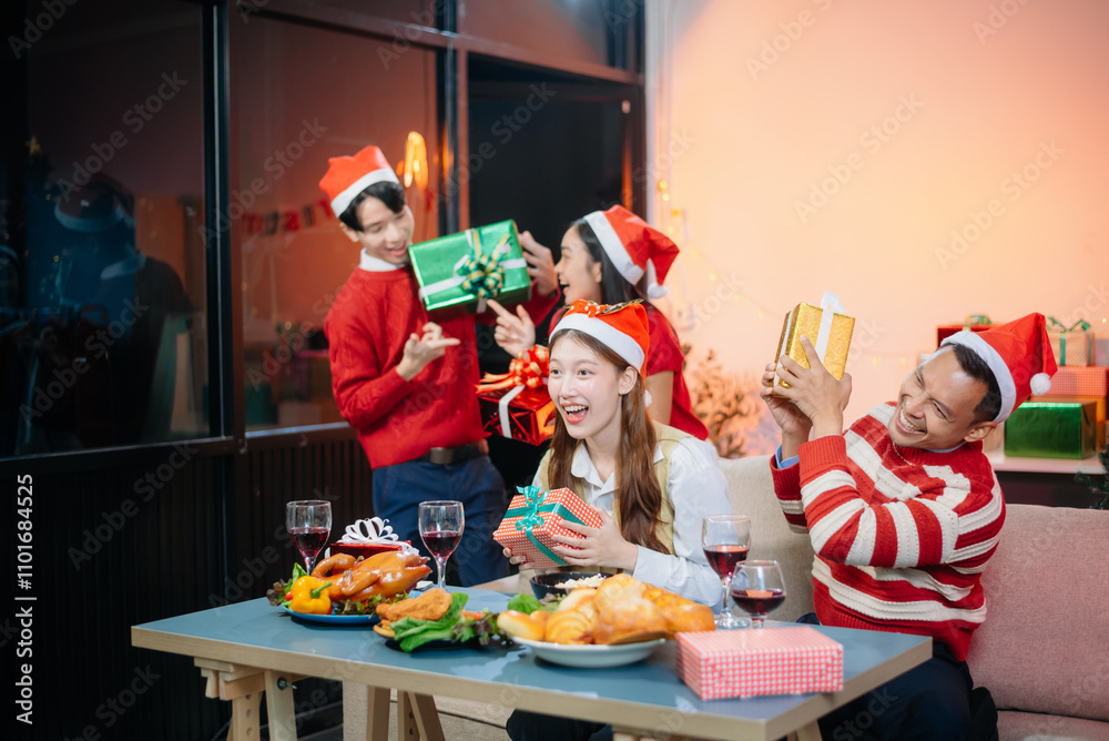Enjoy the holiday spirit with a joyful Christmas celebration featuring friends, festive food, Santa hats, Enjoy the holiday spirit with a joyful Christmas celebration featuring friends, festive food, Santa hats,