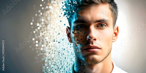 Abstract Human Face Dissolving into Pixels - Digital Identity Transformation Image with Copy Space