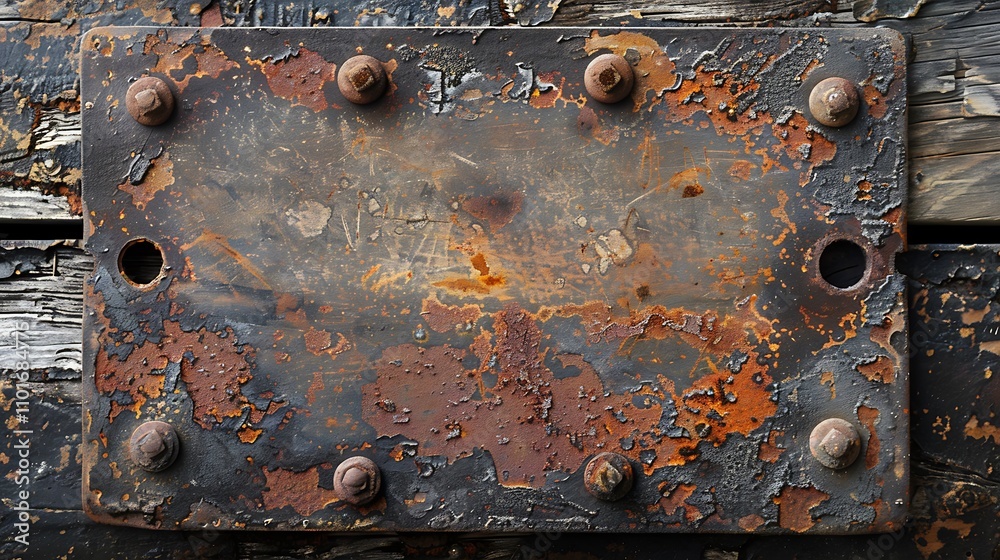 A weathered metal plate with rust and bolts, showcasing signs of aging and industrial use. A weathered metal plate with rust and bolts, showcasing signs of aging and industrial use.
