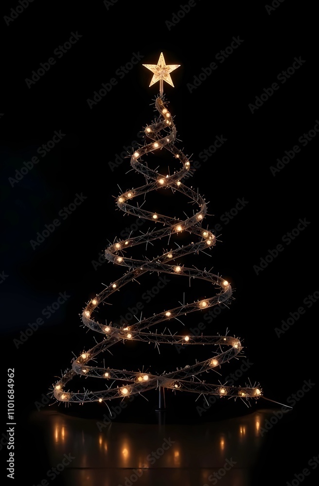 Minimal outline of a Christmas tree with thin golden lights on a black background. Christmas card with space for text Minimal outline of a Christmas tree with thin golden lights on a black background. Christmas card with space for text