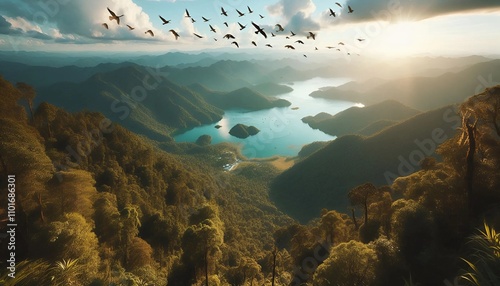 Aerial seascape with clear blue water, tropical islands, and coral reefs