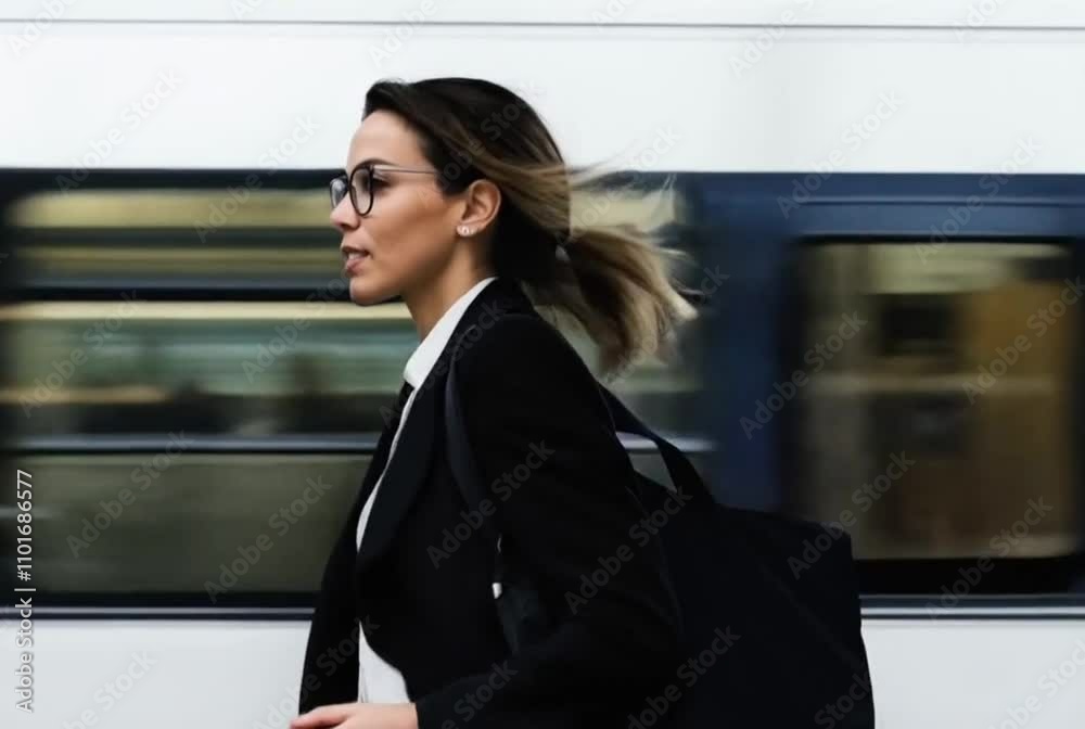 Businesswoman running to catch passing train Businesswoman running to catch passing train
