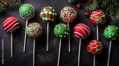 Festive Christmas Cake Pops on Dark Background with Fir Branches