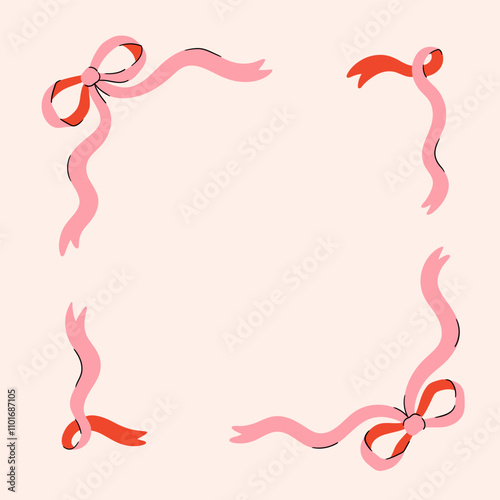 Frame of coquette pretty charming pink bows and ribbons. Hand drawn trendy border. Vintage bowknots frame for greeting cards, wedding, invitations. Flat illustration