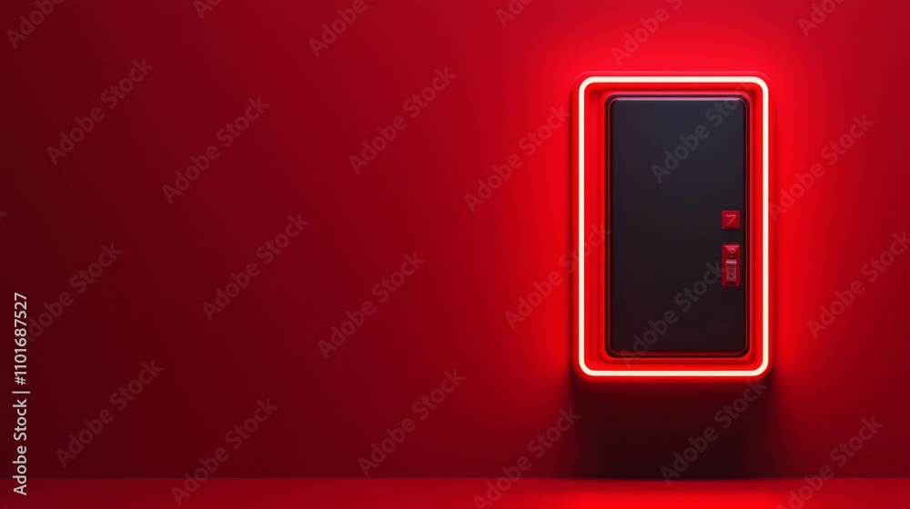 Fire alarm warning and installation concept. Futuristic device with a glowing red outline on a red background. Fire alarm warning and installation concept. Futuristic device with a glowing red outline on a red background.