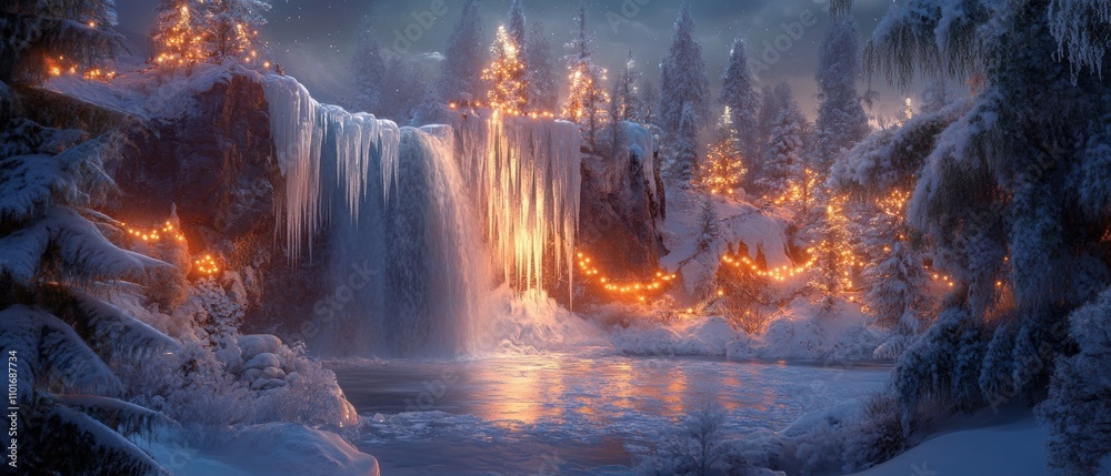Enchanting Winter Wonderland With Glowing Lights and Frozen Waterfall Surrounded by Snow-Covered Trees Under a Starry Sky Enchanting Winter Wonderland With Glowing Lights and Frozen Waterfall Surrounded by Snow-Covered Trees Under a Starry Sky