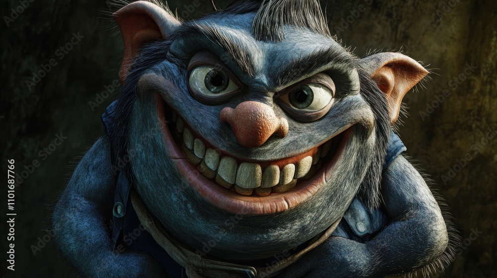 A mischievous blue creature grins playfully A mischievous blue creature grins playfully