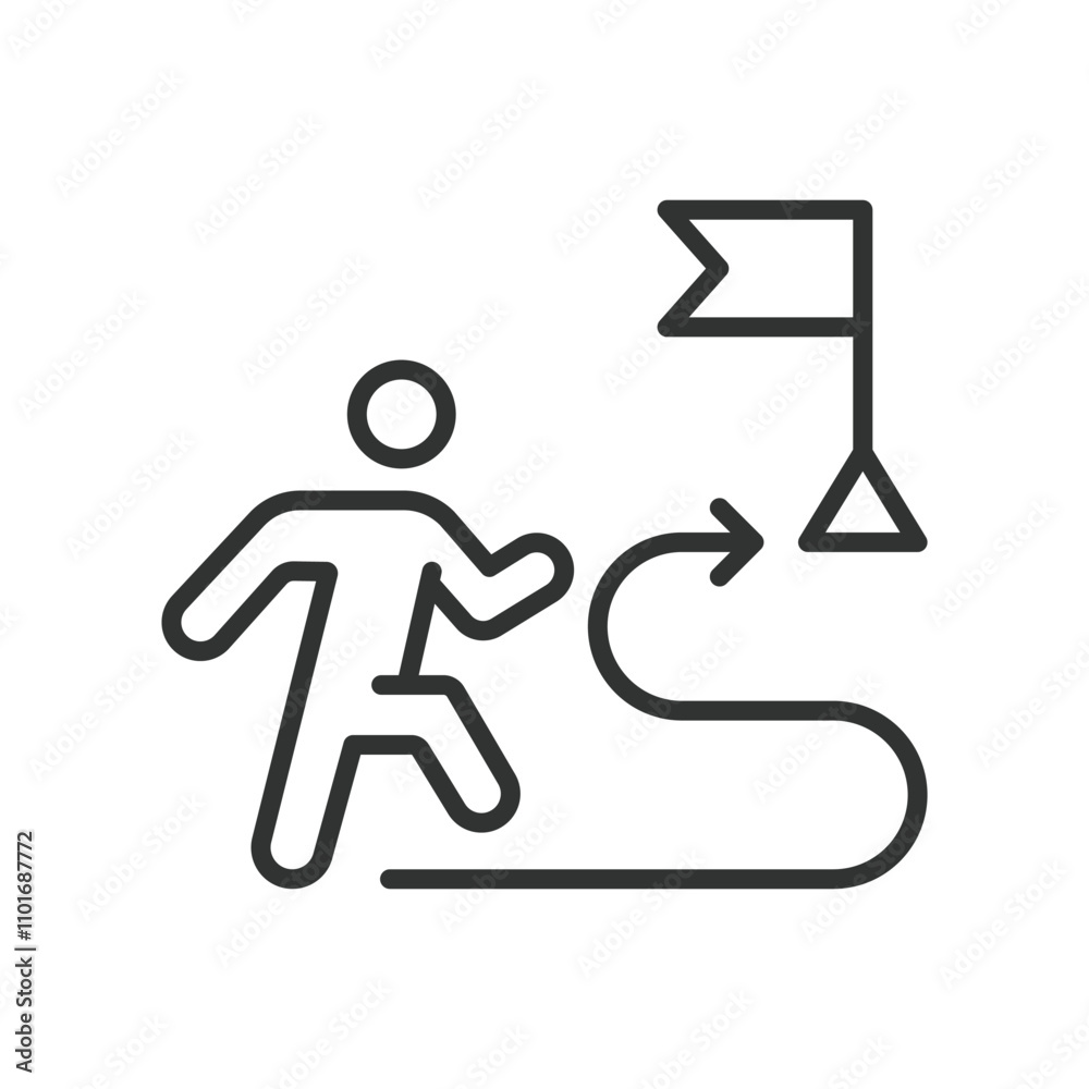 Way to flag, icon in line design. Flag, destination, marker, goal, route, path, way on white background vector. Way to flag editable stroke icon Way to flag, icon in line design. Flag, destination, marker, goal, route, path, way on white background vector. Way to flag editable stroke icon