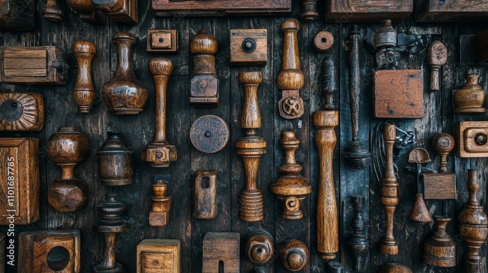 Wooden objects arranged on a textured dark background Wooden objects arranged on a textured dark background
