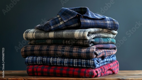Stack of Folded Plaid Flannel Shirts on Rustic Wooden Table