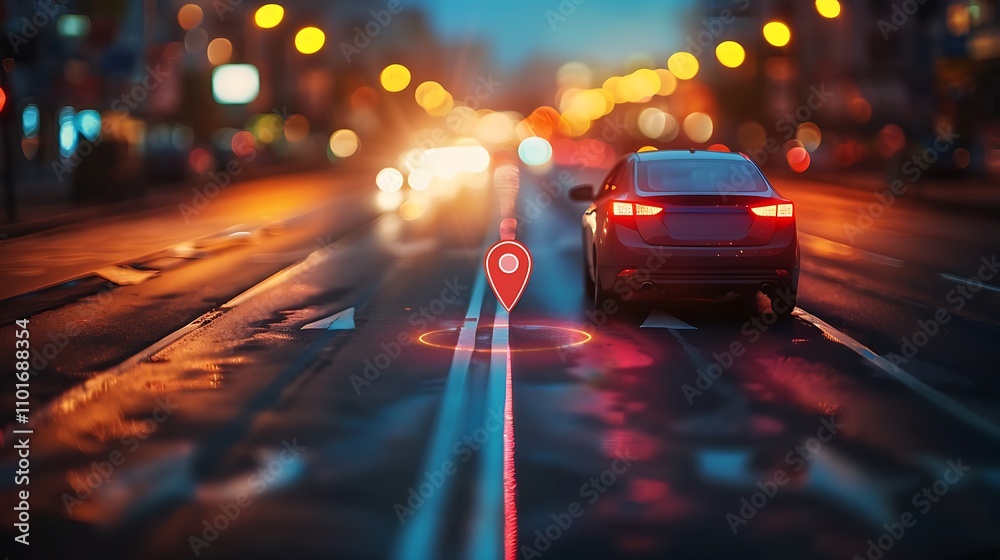 A car driving on a wet road at dusk, with a location pin symbolizing navigation. A car driving on a wet road at dusk, with a location pin symbolizing navigation.