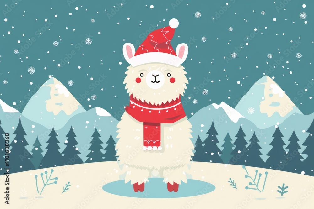Festive llama in santa hat amid snowy mountains Festive llama in santa hat amid snowy mountains