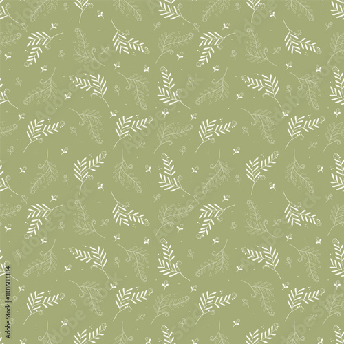 Seamless pattern with plant elements. Twigs, leaves, curls, light branches on an olive background