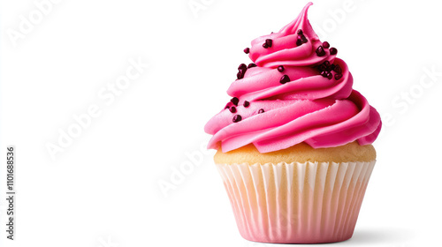 Delicious pink frosted cupcake with chocolate sprinkles on a white background. photo