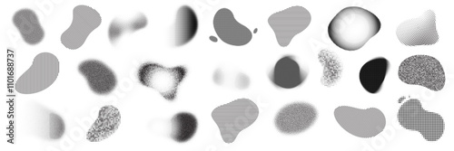Blobs and organic shape splashes with halftone gradient and grain noise dots. Vector liquid forms with abstract pattern backgrounds