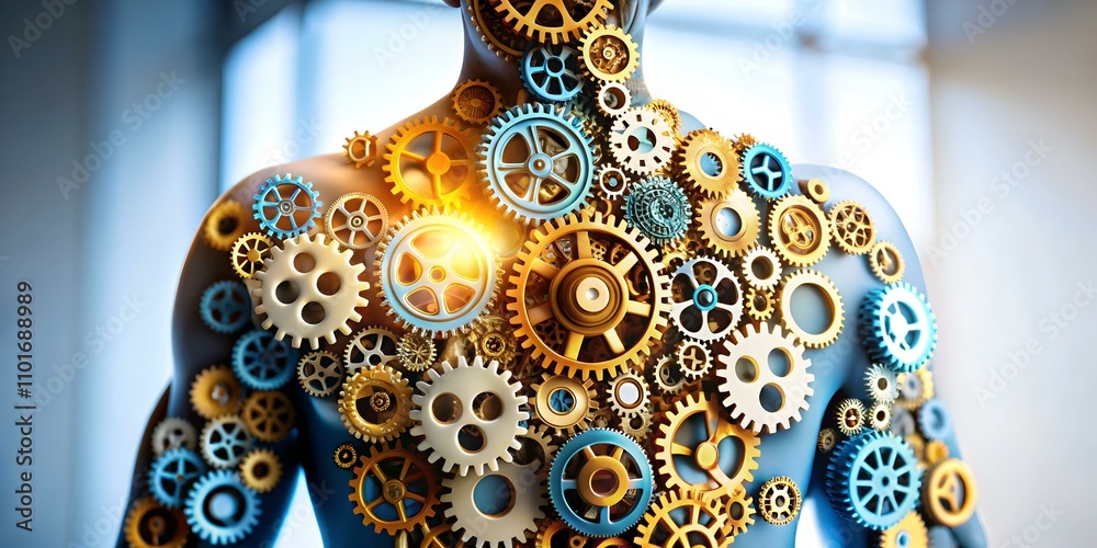 Obraz premium Abstract Human Figure Gears Teamwork Collaboration Technology Concept with Copy Space in Photo Stock