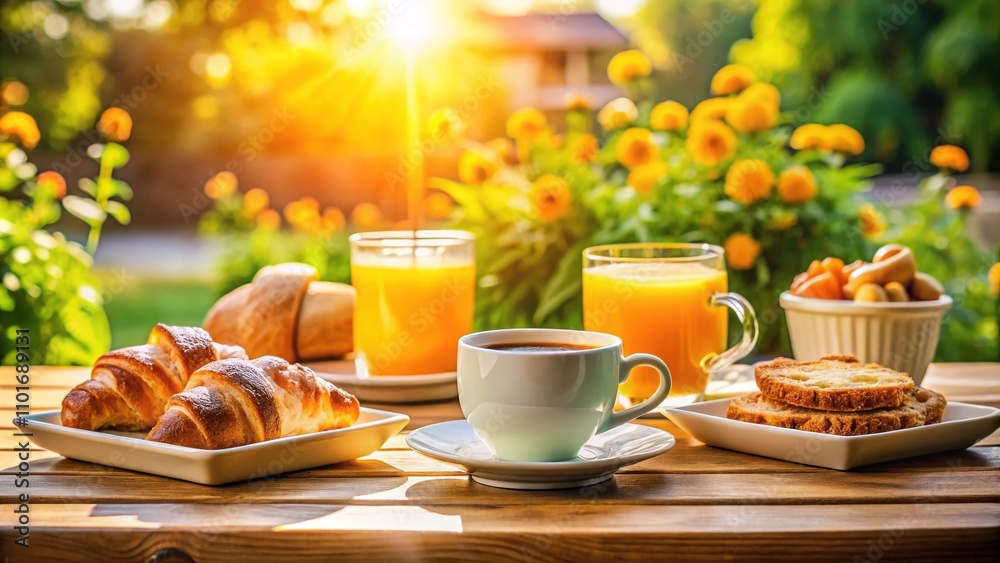 Outdoor Cafe Breakfast - Morning Sun, Coffee, Pastries Outdoor Cafe Breakfast - Morning Sun, Coffee, Pastries