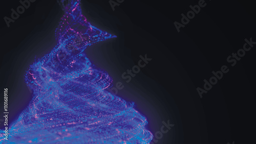 Neon abstract glowing landscape background. Neon abstract swirling vortex. Glowing dots, particles. Rotating swirling particle shapes. 3D background. Vector illustration