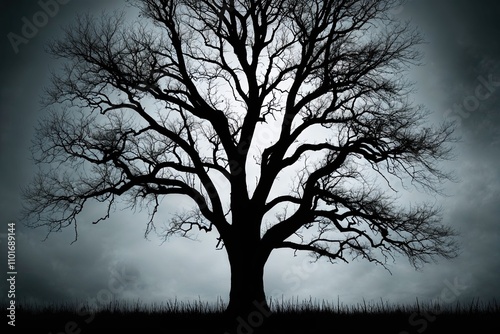 Eerie Dark Tree Silhouette Against Haunting White Background