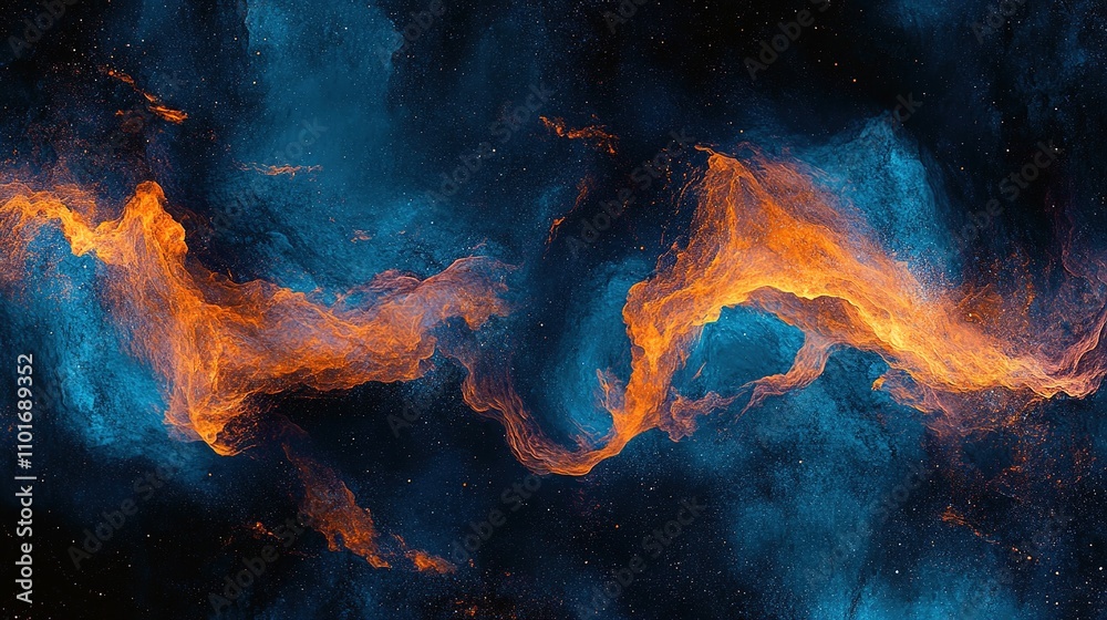 Cosmic Dance: A mesmerizing swirl of fiery orange and deep blue hues evokes a sense of cosmic wonder and ethereal beauty. Abstract, ethereal, cosmic, nebula, space, galaxy, stars, universe, celestial.
