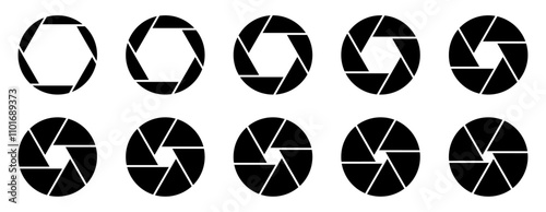 Aperture icon set showing lens opening and closing in stages. Vector symbols representing camera shutter mechanics, perfect for photography and tech. aperture, shutter, camera, photo.