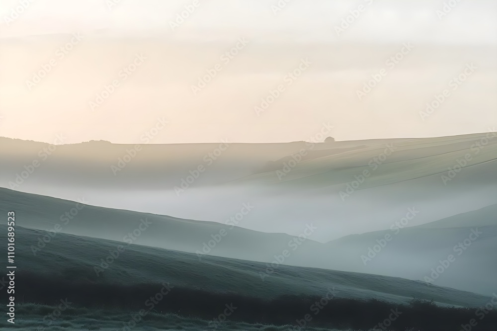 Foggy Morning Landscape with Rolling Hills
