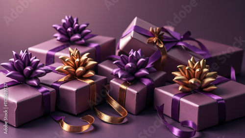 Elegant Gift Boxes with Purple and Gold Ribbons: Black Friday Banner for Luxury Holiday Shopping Promotions